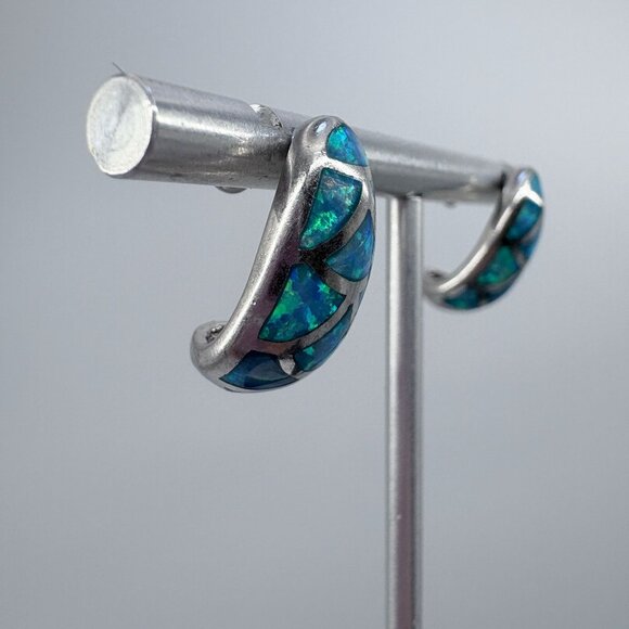 VTG Sterling Silver 925 Blue Opal Crescent Hoop Earrings Size 0.75" Length - Picture 2 of 7